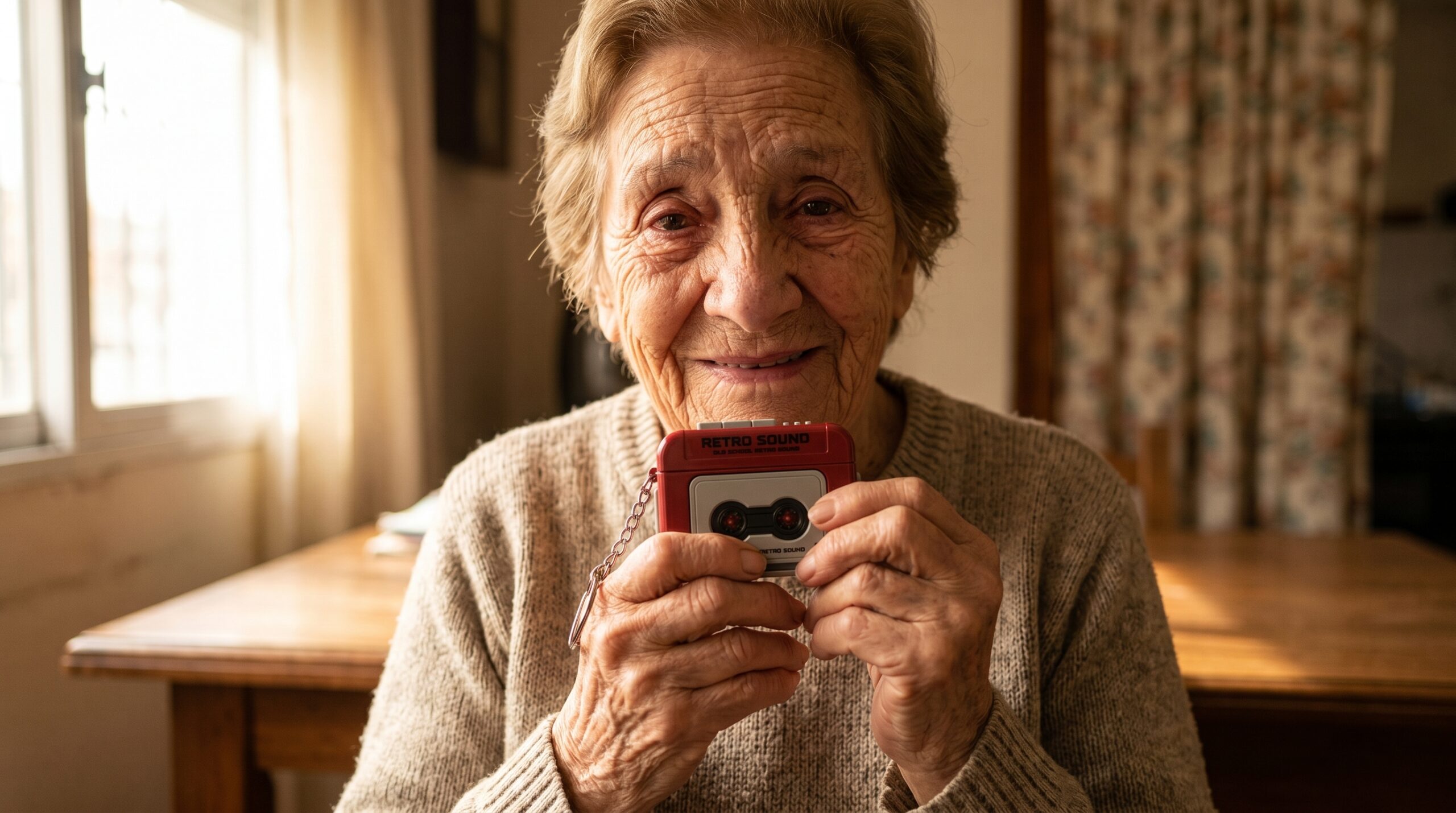 Abuela sonriendo con el llavero casete rojo