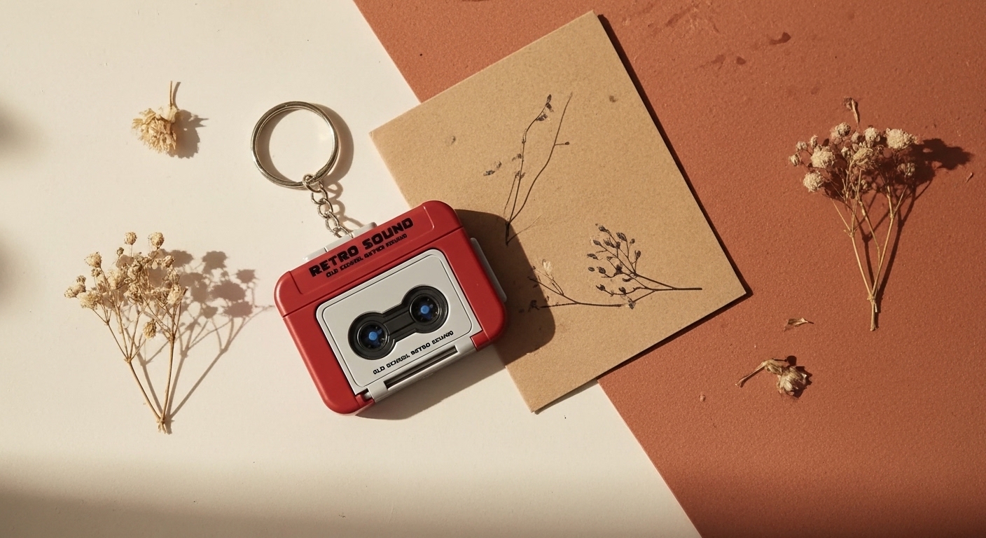 Llavero casete rojo con tarjeta y flores secas