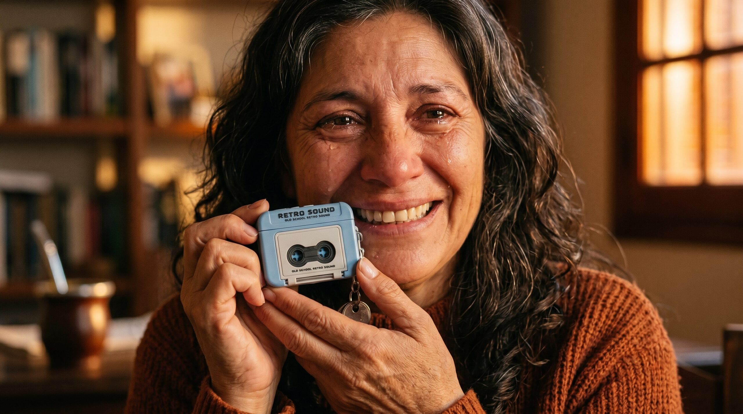 Mujer emocionada escuchando el llavero casete azul